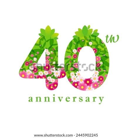 Creative green and pink number 40. 40th anniversary concept. Number logo. Up to 40 percent off sale icon. Floral design. Isolated graphic with vector clipping mask. Business banner template. Cute sign