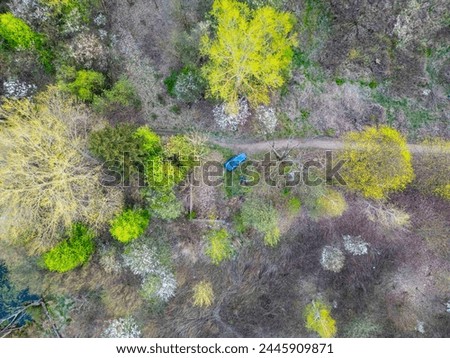Aerial view of a blue car parked on a country road amidst trees in spring.