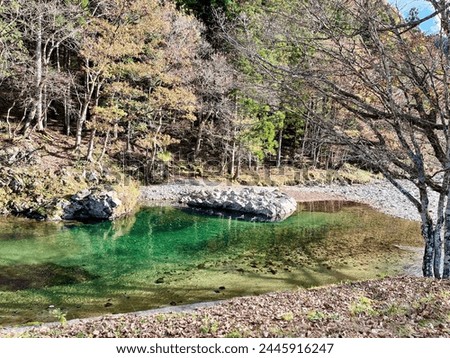 Beautiful emerald green color river water in a forest, Gifu, Japan. November background