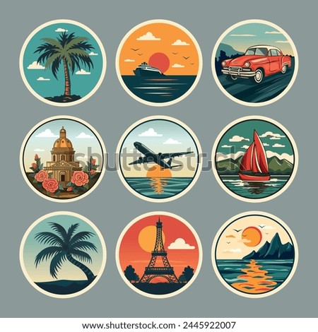 Set of 9 stickers on the theme of travel, attractions and recreation in retro style. 