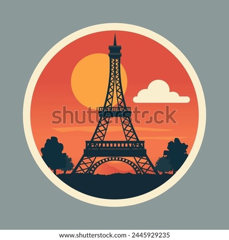 The Eiffel Tower at sunset in the form of a dark silhouette against the background of a large sun. There are several white clouds in the sky. Silhouettes of trees at the foot of the tower.