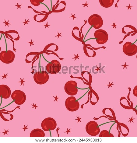 cherry, ribbons, bow, coquette, girly seamless pattern background, print, pattern, greeting card, banners, web, wrapping paper, fashion, fabric, textile, wallpaper, cover