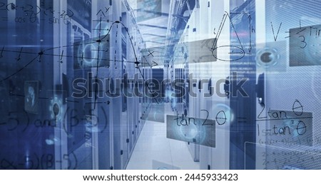 Image of data processing over server room. Global technology and digital interface concept digitally generated image.