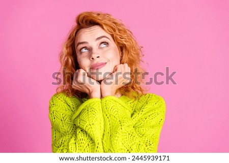Photo of dreamy lovely funny girl wear stylish green clothes arm under chin face empty space isolated on vivid pink color background