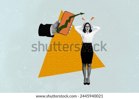 Composite photo collage of shocked businesswoman hand hold iphone luck success arrow up trader promotion isolated on painted background