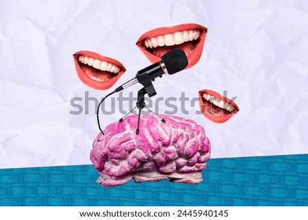3D photo collage composite artwork sketch image of three huge mouthes talk into microphone brainwashing infromation trash news Royalty-Free Stock Photo #2445940145