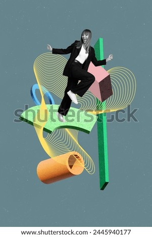 Creative vertical collage picture young happy excited woman dance party clubbing weekend celebration rejoice 3d figures drawing background