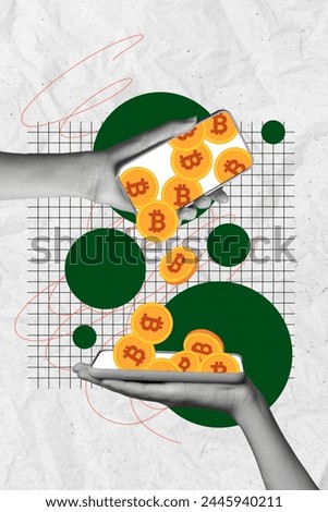Vertical photo collage of hands hold iphone screen transfer bitcoin pour exchange trader cryptocurrency isolated on painted background
