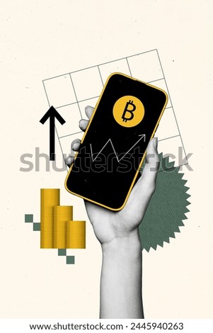 Vertical photo collage of hand hold iphone screen bitcoin stack gold crypto coin trader arrow up growth isolated on painted background