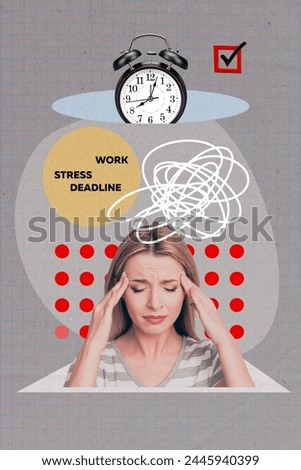 Vertical creative collage picture young sad depressed girl anxiety feeling stressed miss deadline alarm clock schedule arrangement
