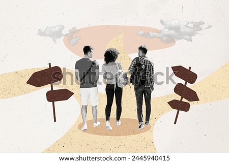 Trend artwork composite sketch image 3D photo collage of black white three friends stand on road travel different way choice direction