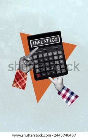 Composite trend artwork sketch image 3D photo collage of two hands hold huge calculator finger point show banner inflation instead numbers