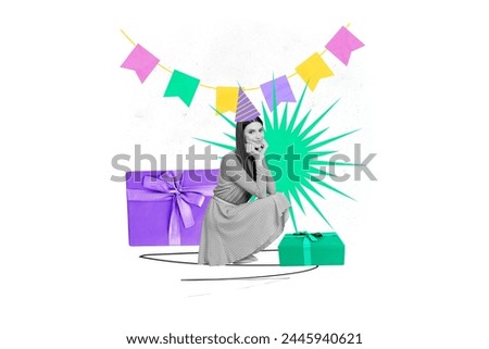 Creative collage photo young sitting girl birthday holiday party headwear festive cap event receive giftbox present white background Royalty-Free Stock Photo #2445940621