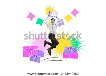 Creative picture young happy overjoyed man celebrate birthday presents holiday party colorful packages surprise white background