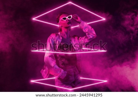 Composite collage picture image of stylish hipster touch sunglass cool look night life on neon fog purple background