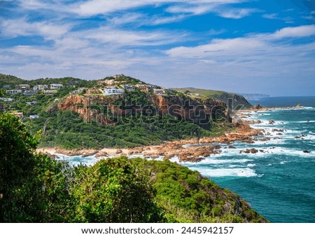 Knysna heads houses on the mountain and the lagoon mouth from featherbed nature reserve, Knysna, Garden Route, South Africa Royalty-Free Stock Photo #2445942157