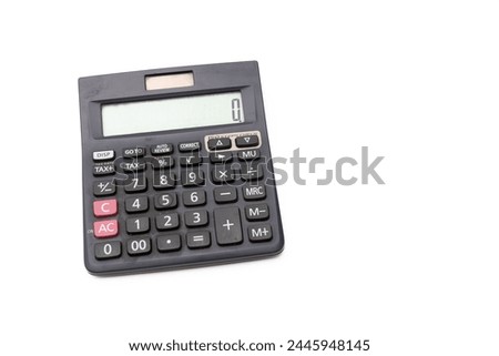 Angled view of a simple black calculator with a blank display, isolated on a white background
