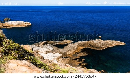 Peculiar rocks in forms of a pair of crocodiles at Longdong bay cape of Gongliao in New Taipei City, Northeastern Taiwan, a unique geological landscape formed by coastal erosion of sedimentary rocks. Royalty-Free Stock Photo #2445953647