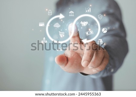 Technology data link concept, Businessman Hands touch virtual infinity with technology marketing online icon for the symbol of connection to community metaverse world network system concept.