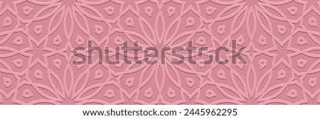 Banner. Embossed geometric elegant floral 3D pattern on pink background. Ornamental cover design, minimalist boho style, handmade. Ethnicity of the East, Asia, India, Mexico, Aztec, Peru.