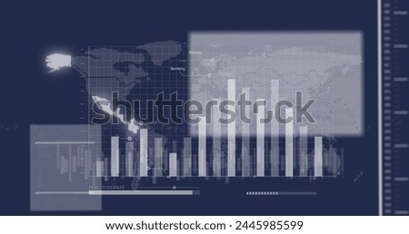 Image of financial data and world map on navy background. Business, finance, economy and technology concept digitally generated image.