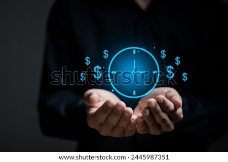 Time is money concept. Businessman showing virtual icon of clock and money for business time management. Work planning increases efficiency and reduced work time.