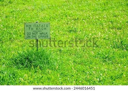 Picturesque, green, environmentally friendly grass with white flowers on the lawn next to the warning sign "do not walk on the grass."