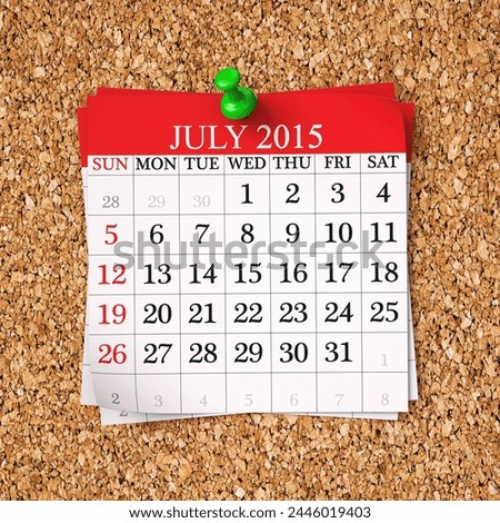 July 2015 Calendar on cork board , 3d render