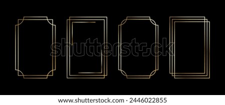 Golden thin frame set. Gold geometric borders in art deco style. Thin linear radiance rectangular shape collection. Yellow glowing shiny boarder element pack. Vector bundle for photo, cadre, poster