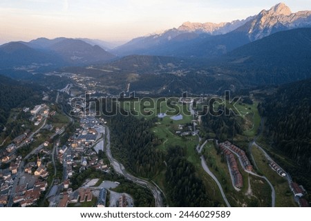 Aerial view above the mountains on the boarder of Italy and Slovenia