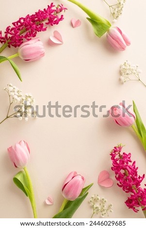 Stylish Mother's Day concept: Vertical top view of tulips, hyacinths, tender gypsophila, and paper hearts on a soft beige surface. Great for adding greeting text or advertising messages Royalty-Free Stock Photo #2446029685