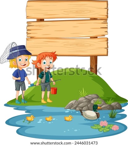 Two kids enjoying fishing near a blank signboard