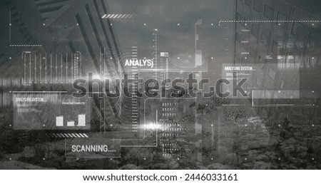 Image of data processing over cityscape. Global business and digital interface concept digitally generated image.