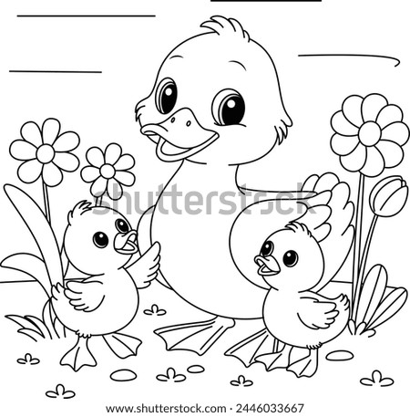 Cute kawaii duck family cartoon character coloring page vector illustration, Mothers day colouring page for kids