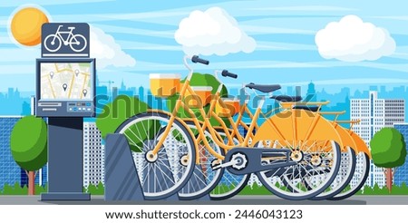 City Bicycle Sharing System and Urban Landscape. Bike Stand with Rental Bicycles. Bike on Docking Station and Electric Terminal. Urban Transportation Smart Service. Cartoon Flat Vector Illustration