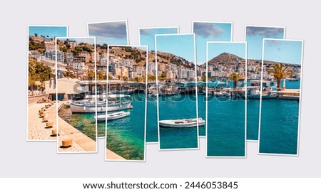 Isolated ten frames collage of picture of Saranda port. Picturesque Ioninian seascape. Bright morning scene of Albania, Europe. Mock-up of modular photo.

