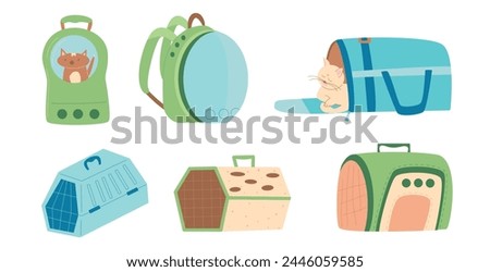 Transportation box and backpack carrier domestic animals. Travel with pets set. Trip with cats. Vector flat illustration.