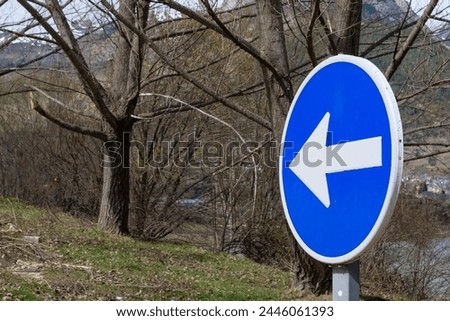 a close-up of blue and white one way road sign 