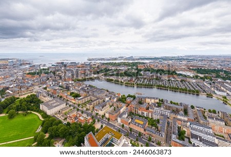 Copenhagen, Denmark. Copenhagen lakes. Panorama of the city in summer. Cloudy weather. Aerial view