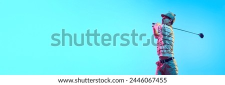 Banner. Skilled golfer in retro attire hitting golf shot with club in neon light against gradient blue background with negative space. Concept of professional sport, luxury games, active lifestyle. Ad