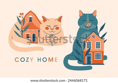 Set of cute illustrations with cats, who lying, sitting around cartoon houses with plants, leaves, berries. Cozy clip arts with domestic pet, animals, buildings. Sweet home concept. Stickers, cards.
