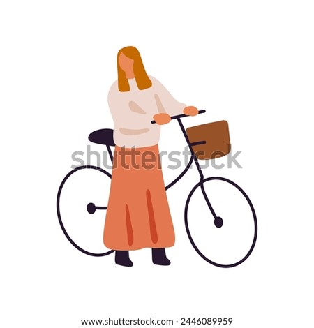 Abstract woman in long skirt cycling. Cyclist ride bicycle. Bicyclist stands, waits. Person holds bike with basket by handlebar. Active lifestyle. Flat isolated vector illustration on white background