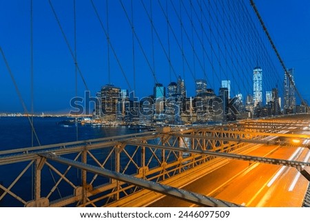 New York skyline, Manhattan, Brooklyn Bridge over East River, Lower Manhattan skyline, including Freedom Tower of World Trade Center, New York, United States of America, North America