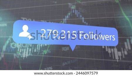 Image of social media icon, numbers and financial data processing. Global social media, business, finance, computing and data processing concept digitally generated image.