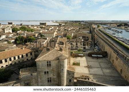 Aigues Mortes panoramic aerial view from medieval ramparts, France
