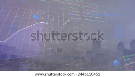 Digital image of stock market data processing over world map against blue background. Global business data processing and digital interface concept digitally generated image.