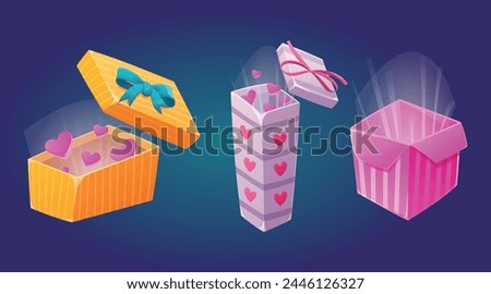 Open gift boxes with light inside and hearts. Set of vector isolated cartoon illustrations, present for Valentine's Day or other holiday.
