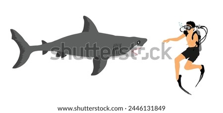 Diver man outside diving cage observing great white shark vector illustration isolated. Swimming boy biology research. Explorer against shark. Scary scene marine wildlife. Help ocean beach swimmers.