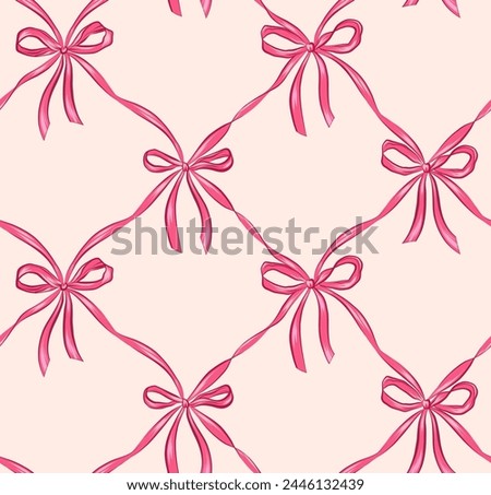 Сute seamless checkered pattern with bows. Composition with vintage bows and handmade ribbons. Pink ribbon on a light background. Vector print. Royalty-Free Stock Photo #2446132439