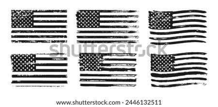 Textured USA flag. Grunge decorative American flag monochrome color. Black and white stripes and stars flag banners for t-shirts print isolated on white background. Vector collection. Freedom, glory